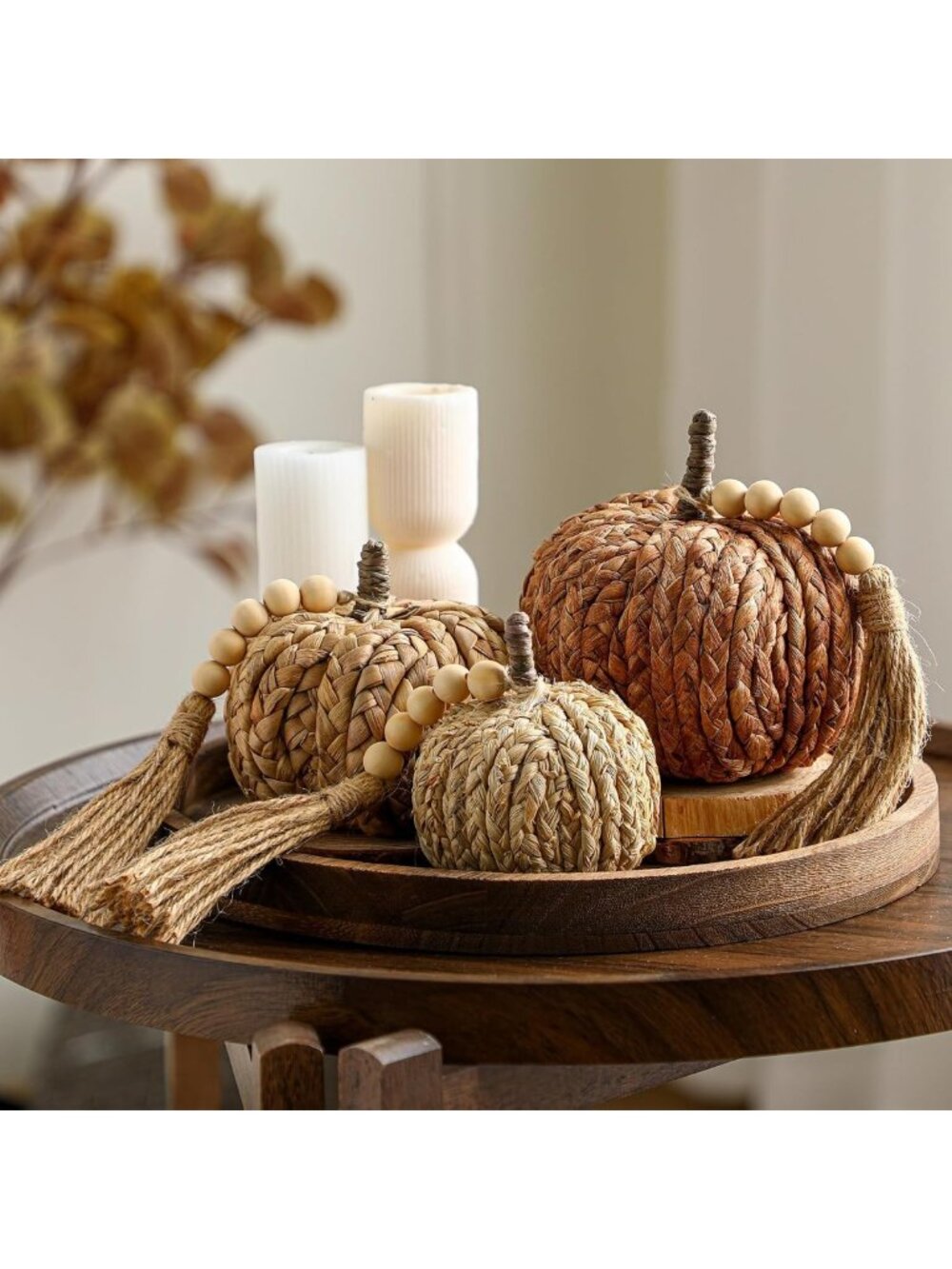 3 Pcs Rattan Pumpkin Decor with Tassel Beads | Neutral Fall Home Decor